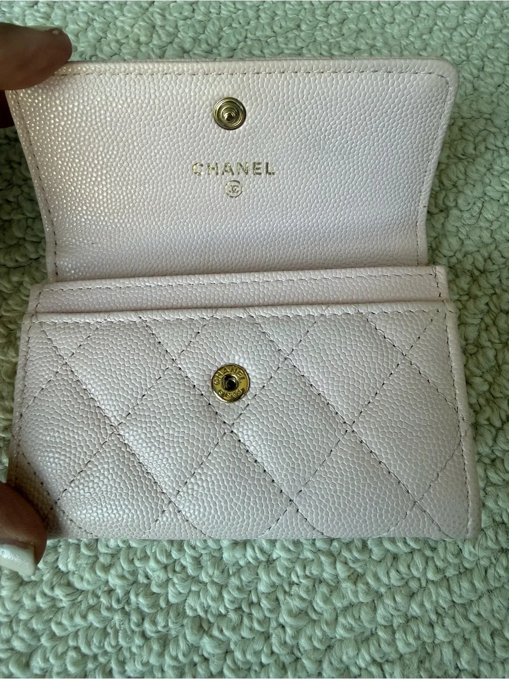 CHANEL Pink Quilted Caviar Crystal CC Logo flap Wallet